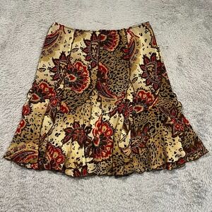 VTG‎ Drama Shift Flare Skirt Floral Leopard Print Ruffle Brown Women's 4 USA